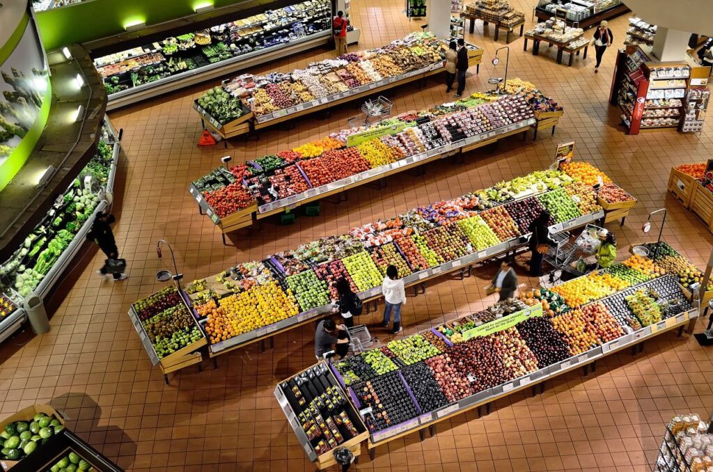 a group of people in a grocery store